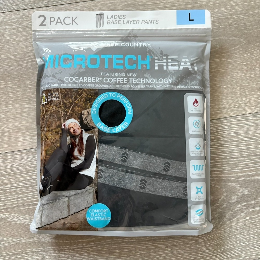 NWT Free Country Womens Black Microtech Heat Base Layer Pants Size L Pack Of 2